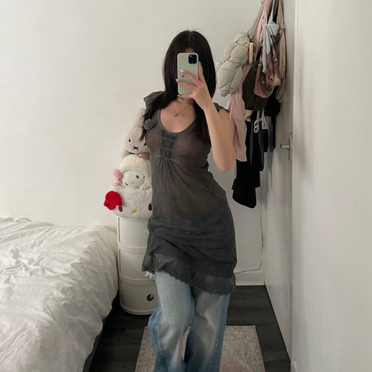 romantic grunge grey ruffle lace sleeve ruched chest rosette sheer midi dress