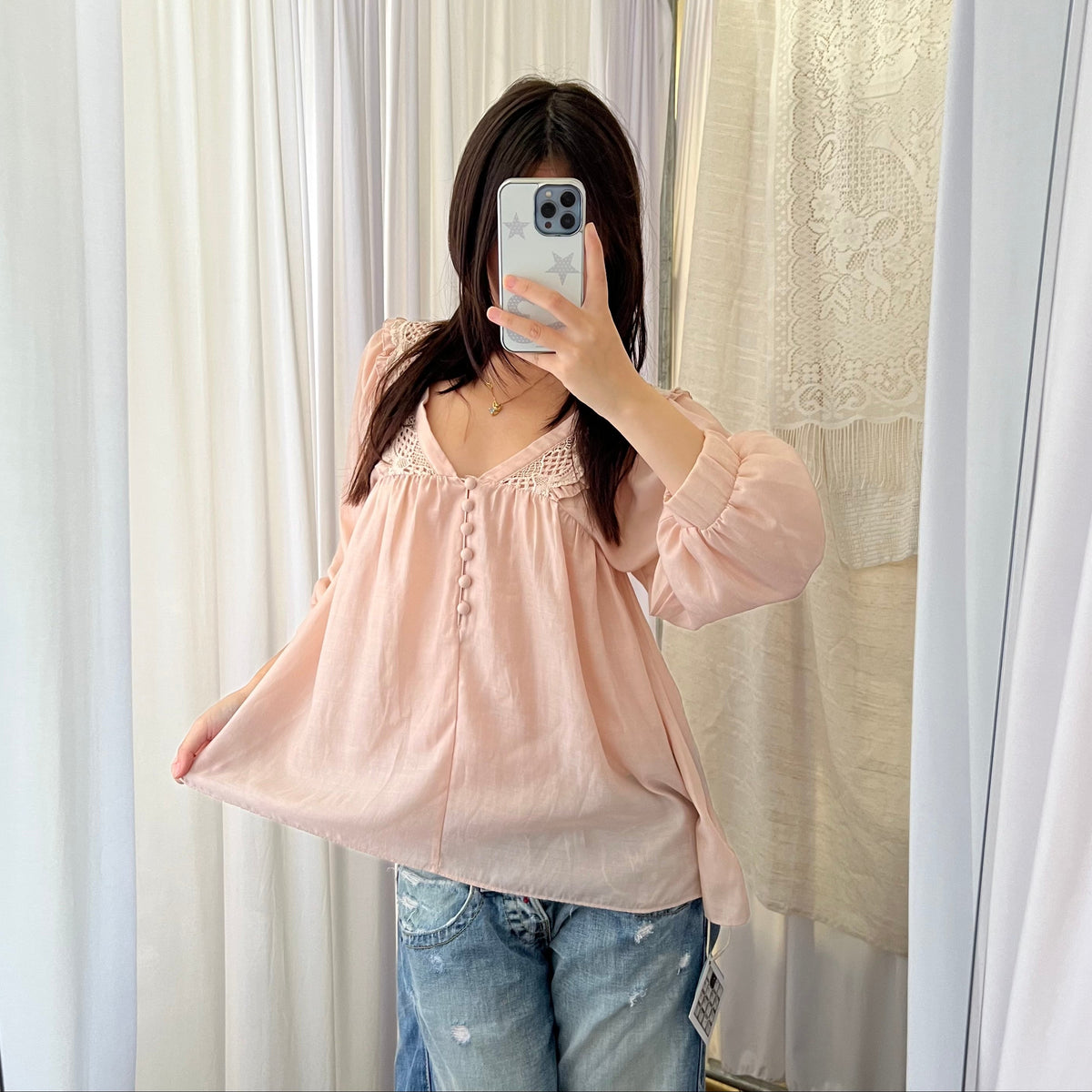Jill Stuart Muted Pink Scallop Lace Peter Pan Collar Puff Sleeve Blouson Shirt