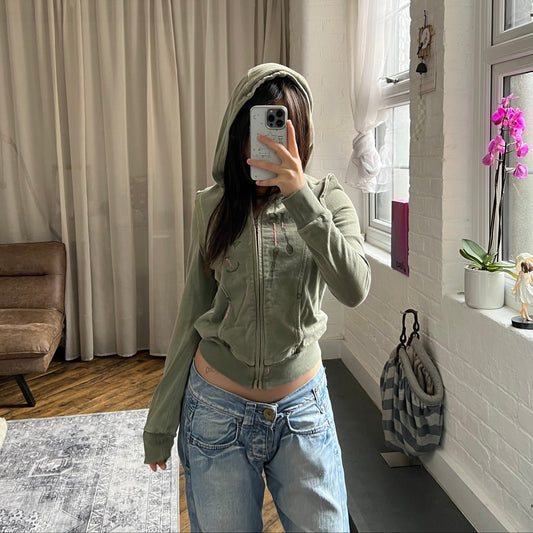 vintage diesel red tag khaki embroidery ornament text long sleeve zip hoodie jacket