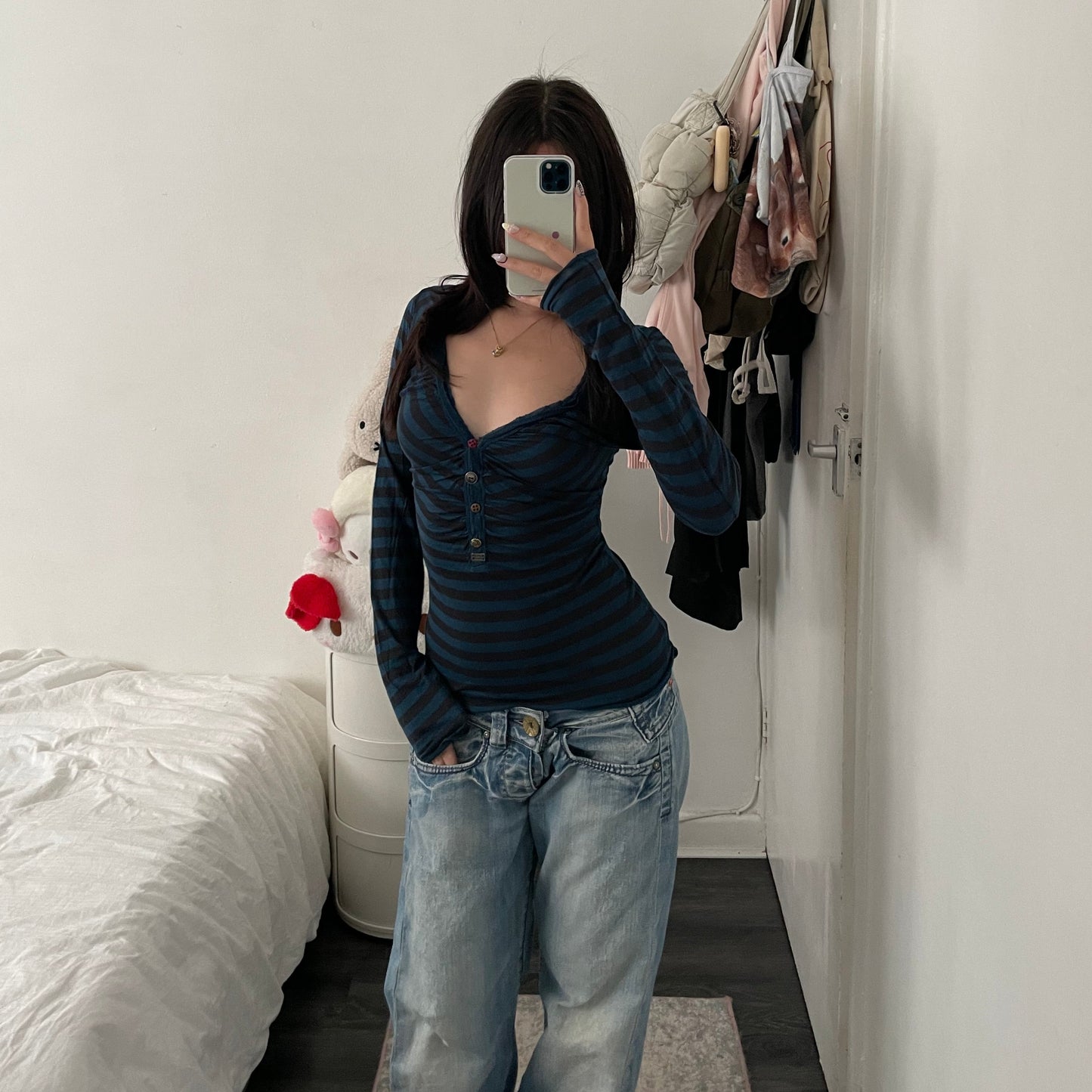 miss sixty grunge sleaze striped teal black v neck ruched mix button fitted long sleeve top