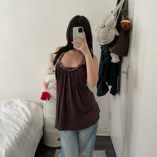 vintage boho eurosummer samisu brown wooden bead halter neck camisole top