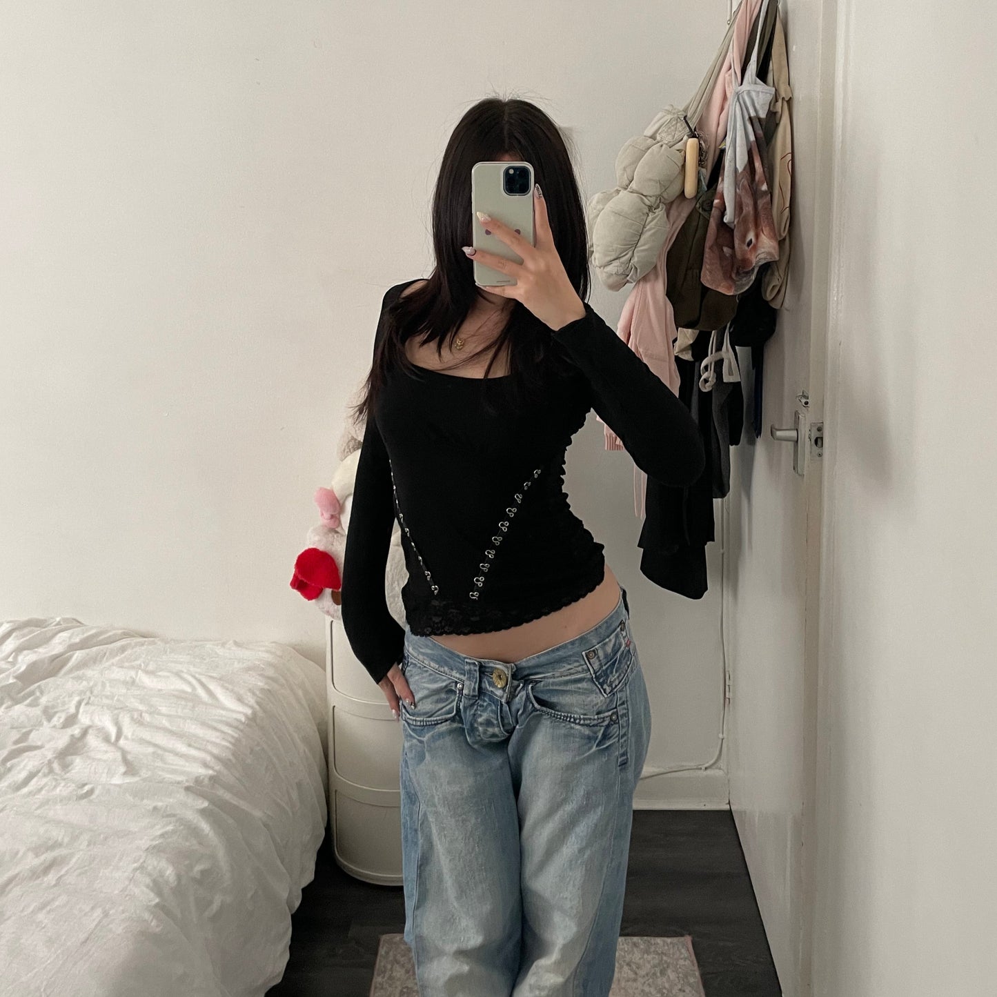 blumarine black wide neck hook and eye long sleeve graphic top