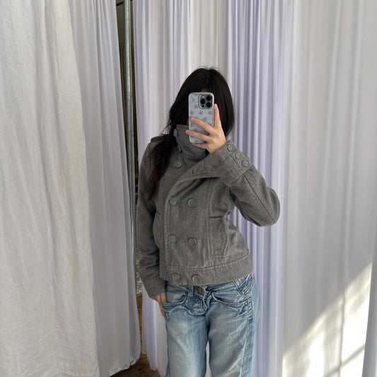 Vintage Bizzbee Grey Funnel Collar High Neck Double Breasted Bombed Pea Coat