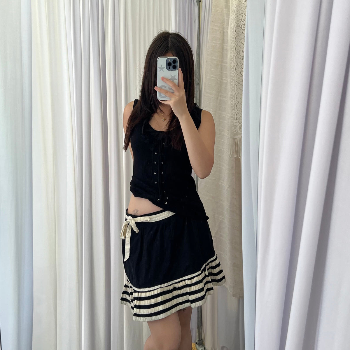 Fornarina Black Cream Drop Waist Striped Ribbon Wide Pleat Mini Skirt