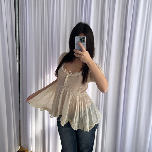 One Step Cream Sheer Mesh Cotton Babydoll Short Sleeve Tunic Blouse