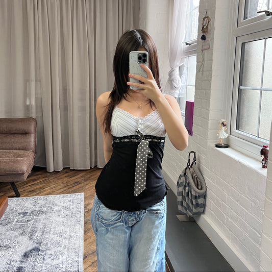 all states of orange eurosummer coquette mixed print striped polka dot ribbon camisole