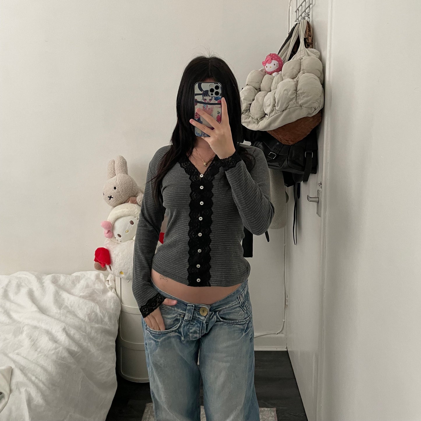 90s kookai preppy grey striped long sleeve cardigan top with black lace trim