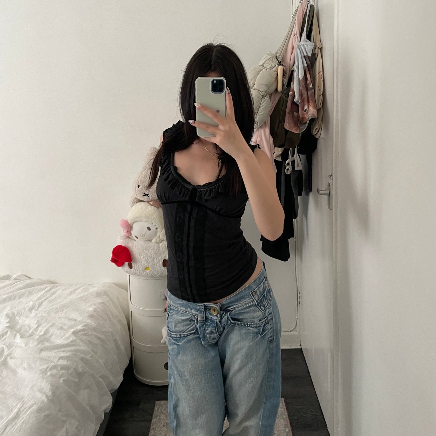 black grey ruffle coquette lacey xanaka frilly camisole top