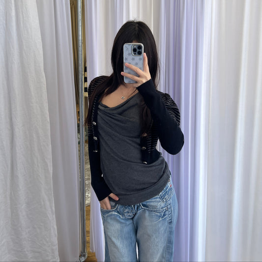 No Excuse Grey Navy Striped Puff Sleeve Cropped Fitted Cardigan