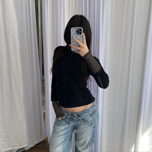 Cop Copine Black Khaki Mesh Faded Sigil Graphic Hooded Long Sleeve