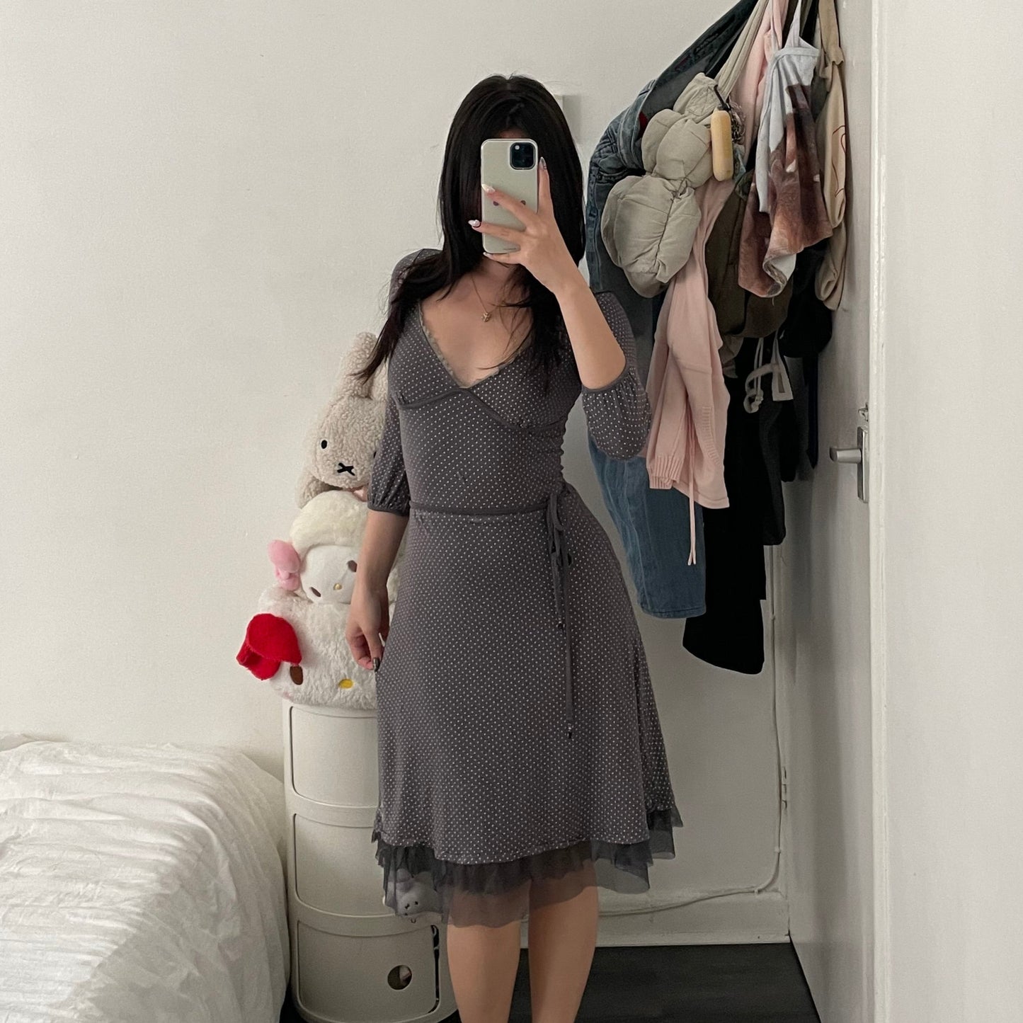 vive maria dusty grey polka dot 3/4 sleeve midi dress