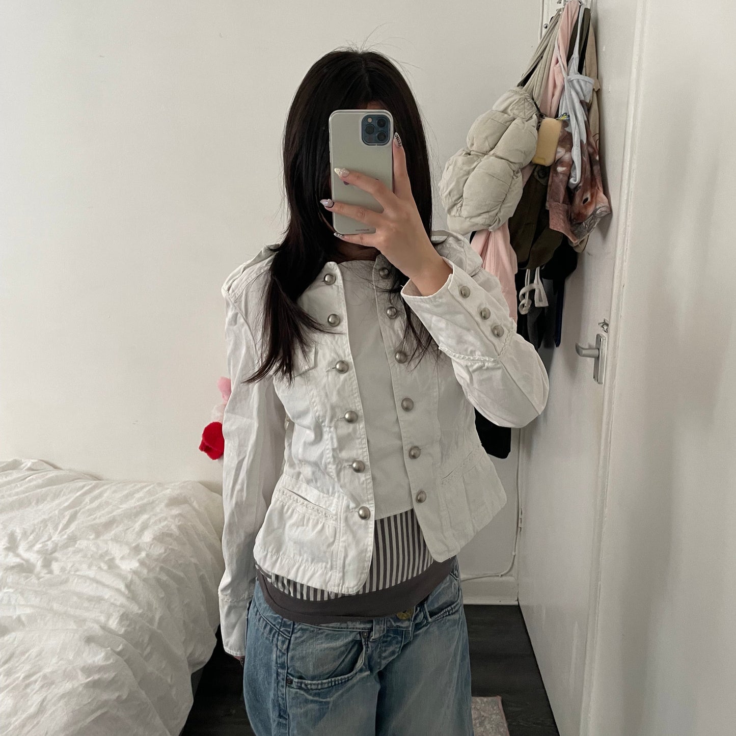 my collection white corpcore military style dual button picot lace jacket