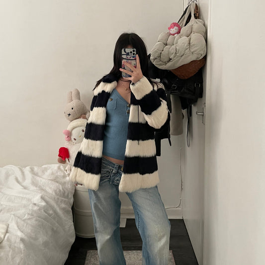 bape bapy tall line black white striped rabbit fur reversible jacket