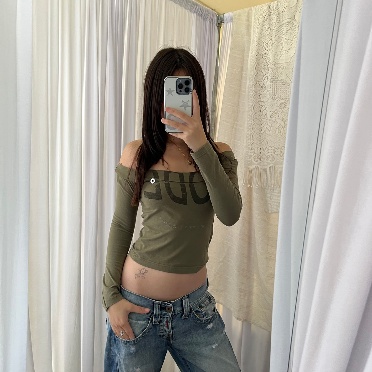 Imperial Khaki Boat Neck Text Half Sleeve Top