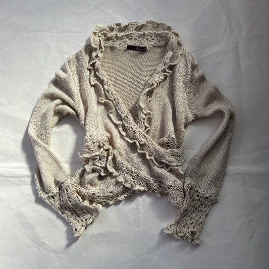 Vintage Beige Sharois Frilly Fine Lacey Knit Trim Wrap Style Knit Top