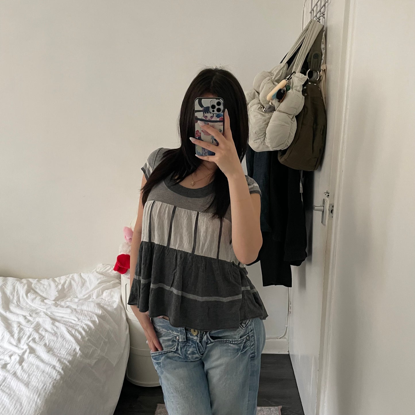 preppy balletcore kookai grey tone wool blend short sleeve babydoll top