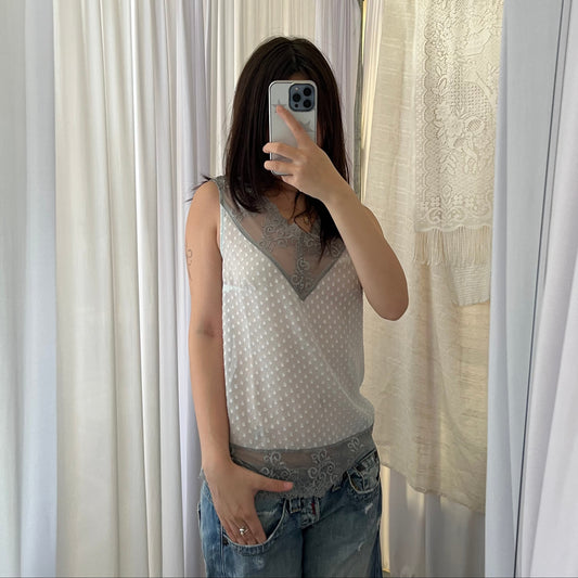 Sisley Light Blue Embossed Polka Dot Grey Lace Trim V Neck Blouse