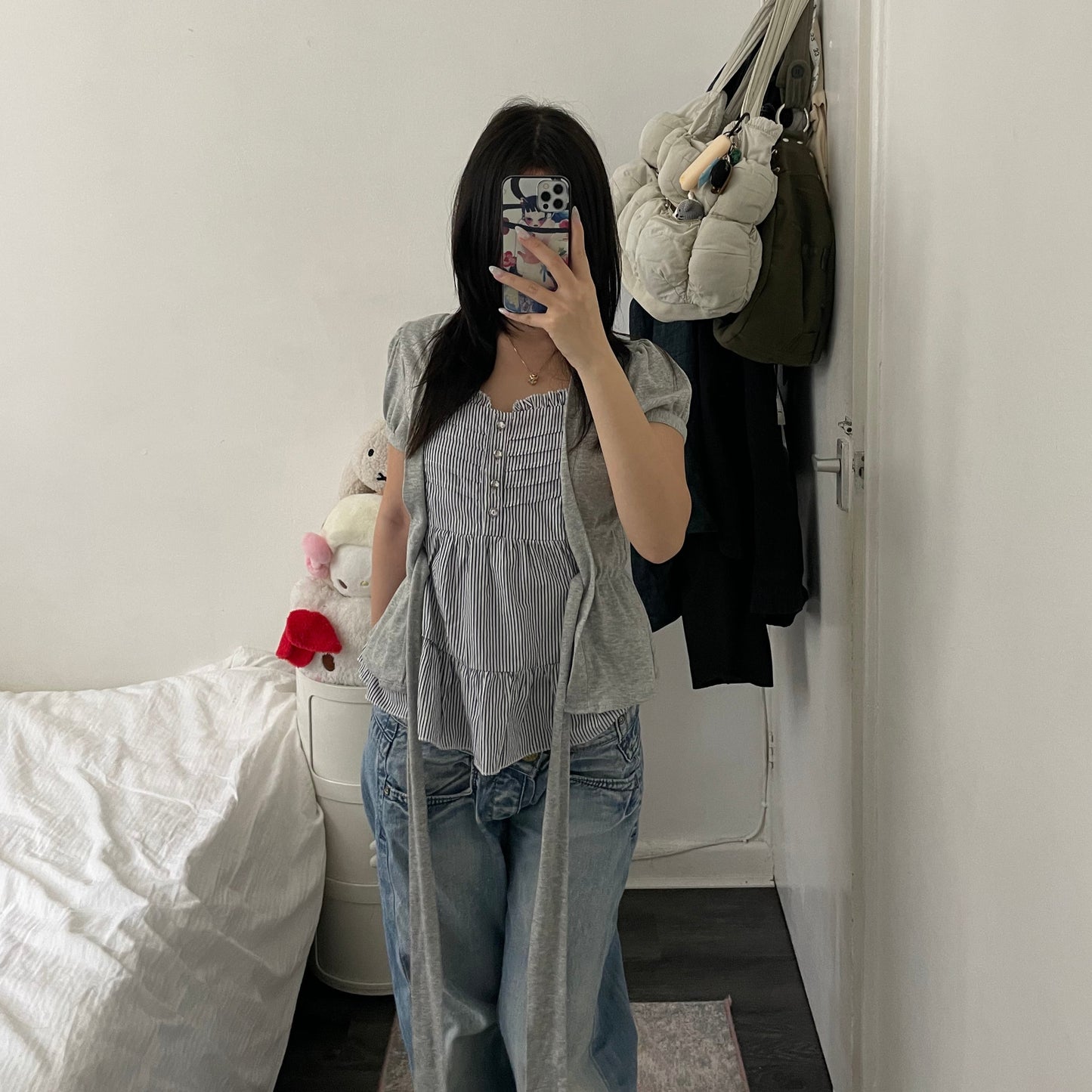 glam 2nd grey short sleeve faux layered cardigan striped babydoll top two in one
