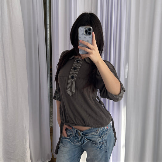 One Step Brown Wool Blend Striped Puff Sleeve Polo Knit