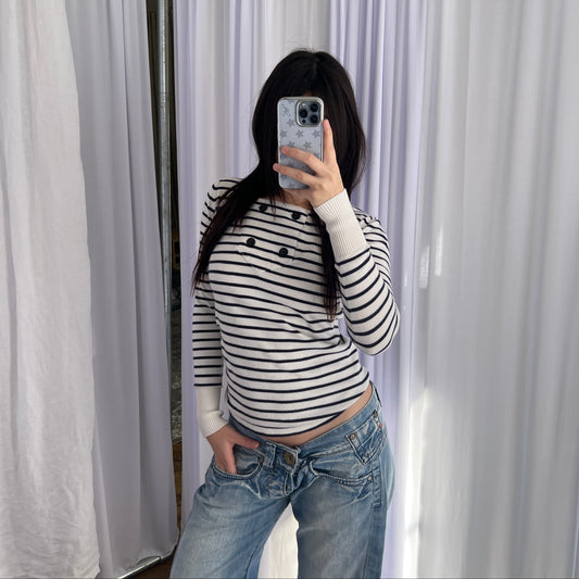 G-star Raw Preppy White Blue Collared Sailor Button Striped Long Sleeve Top