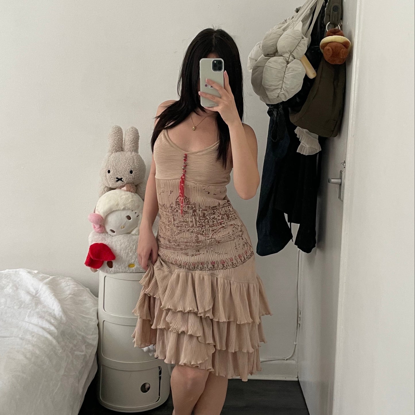 save the queen beige boho western print pink accent ruffle hem midi dress