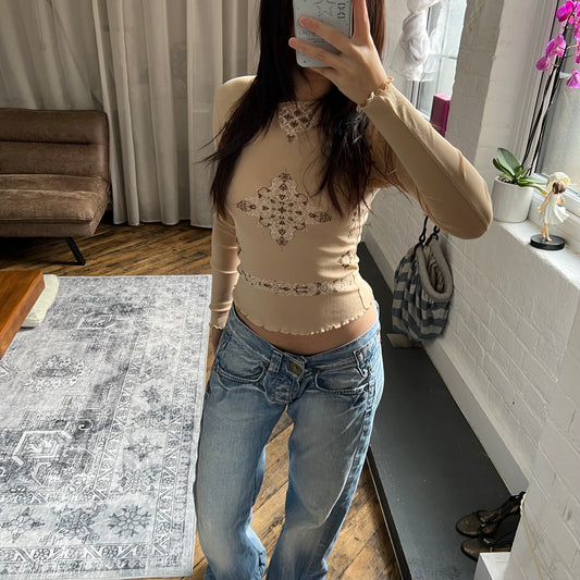 jacobson boho western beige sheer paisley ornamental print sheer long sleeve shirt