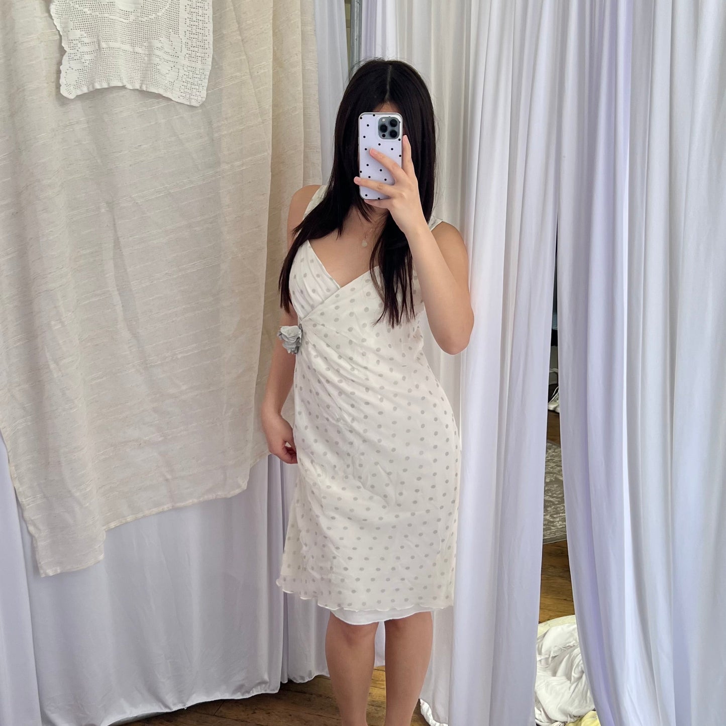 Eurosummer Xavanne White Grey Rosette Silk Polka Dot Wrap Bust Midi Dress
