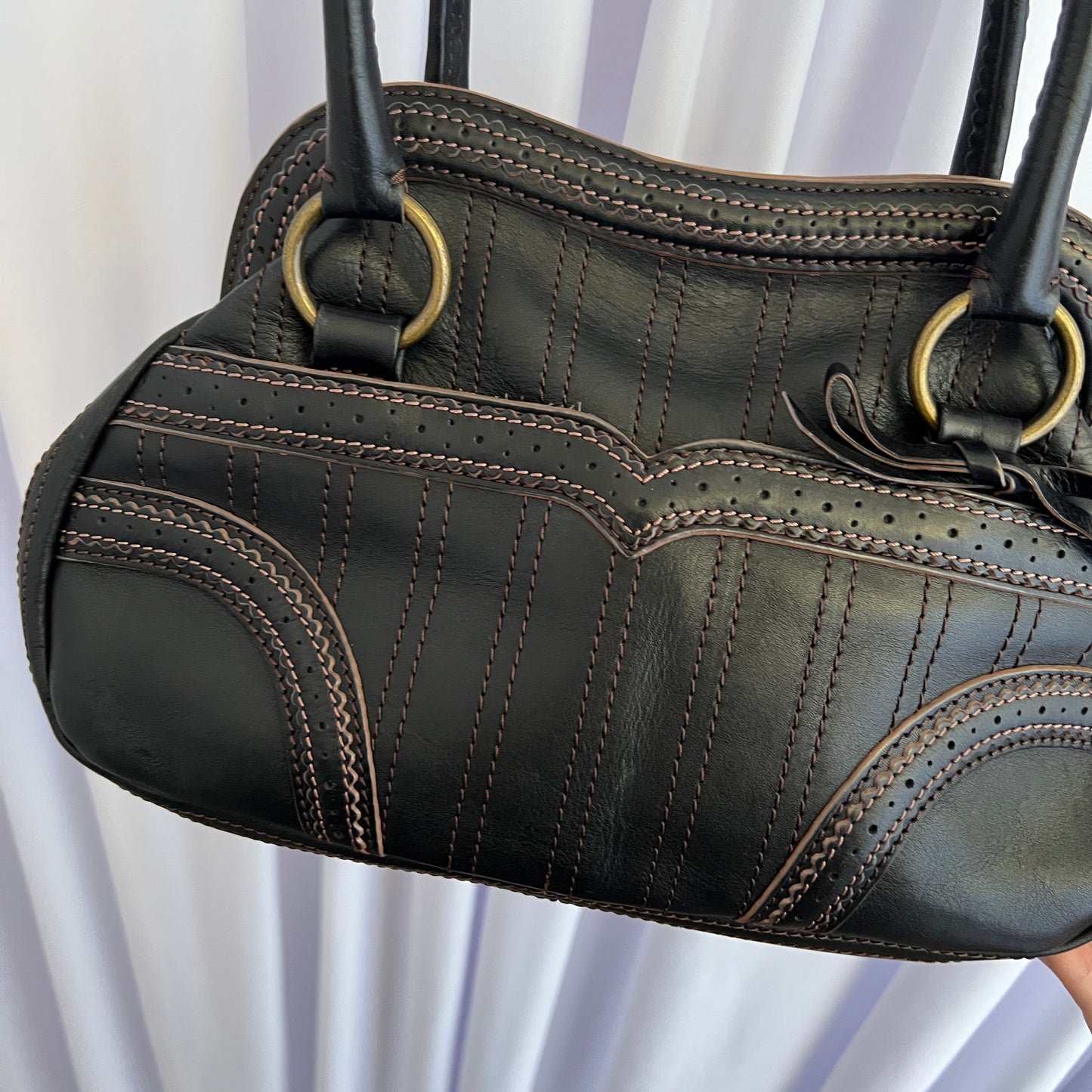 Anna Sui Black Leather Balletcore Panelled Pouch Shape Shoulder Bag