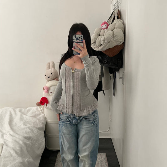 morgan de toi layered grey faux cardigan + ruffle blouse two in one corset style top