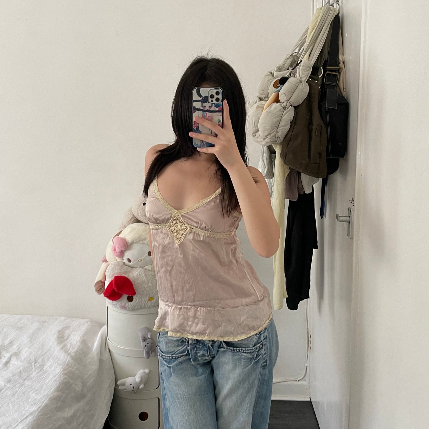 dainty romantic jill stuart silk pink babydoll camisole with beige lace detailing