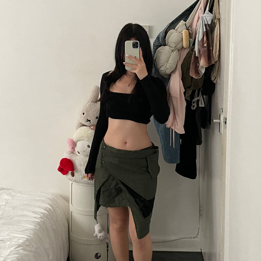 boho utility octopoos factory khaki linen wrap pocket black lace asymmetric mini skirt