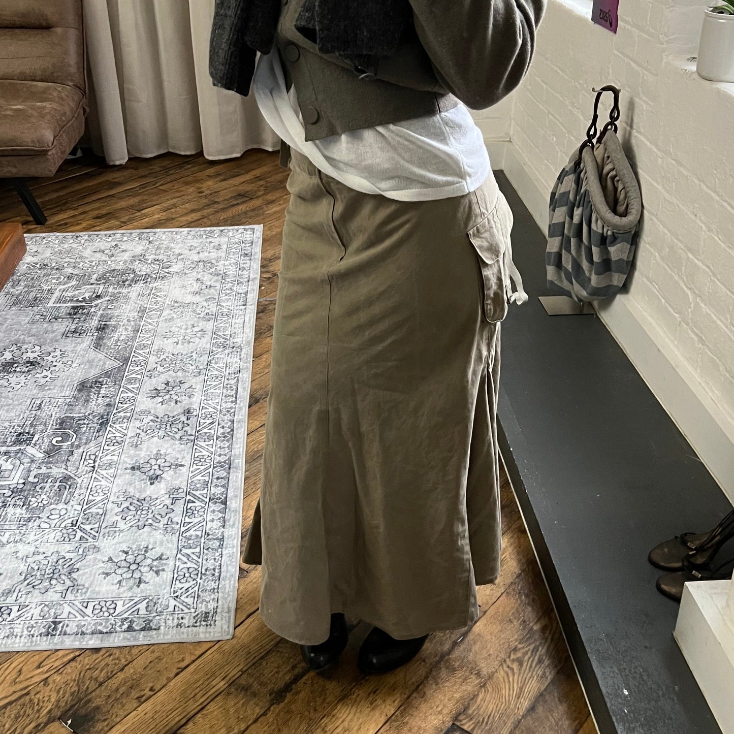 khaki beige cargo utility maxi flared skirt