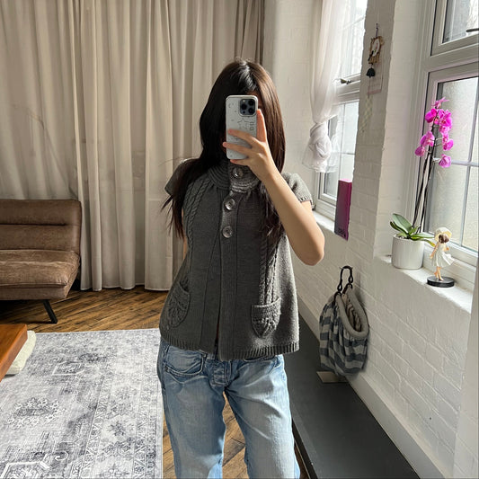 camieu dark green cable knit preppy puff sleeve high neck big button knit cardigan