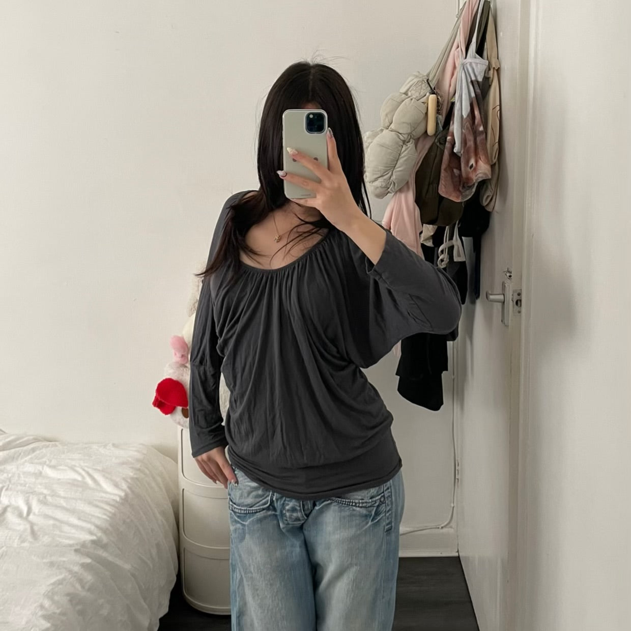 grey draped 3/4 sleeve tunic elastic waistband top mini dress