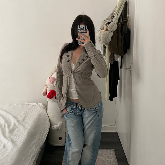 beige brown spot corpcore utility button accent linen blazer jacket