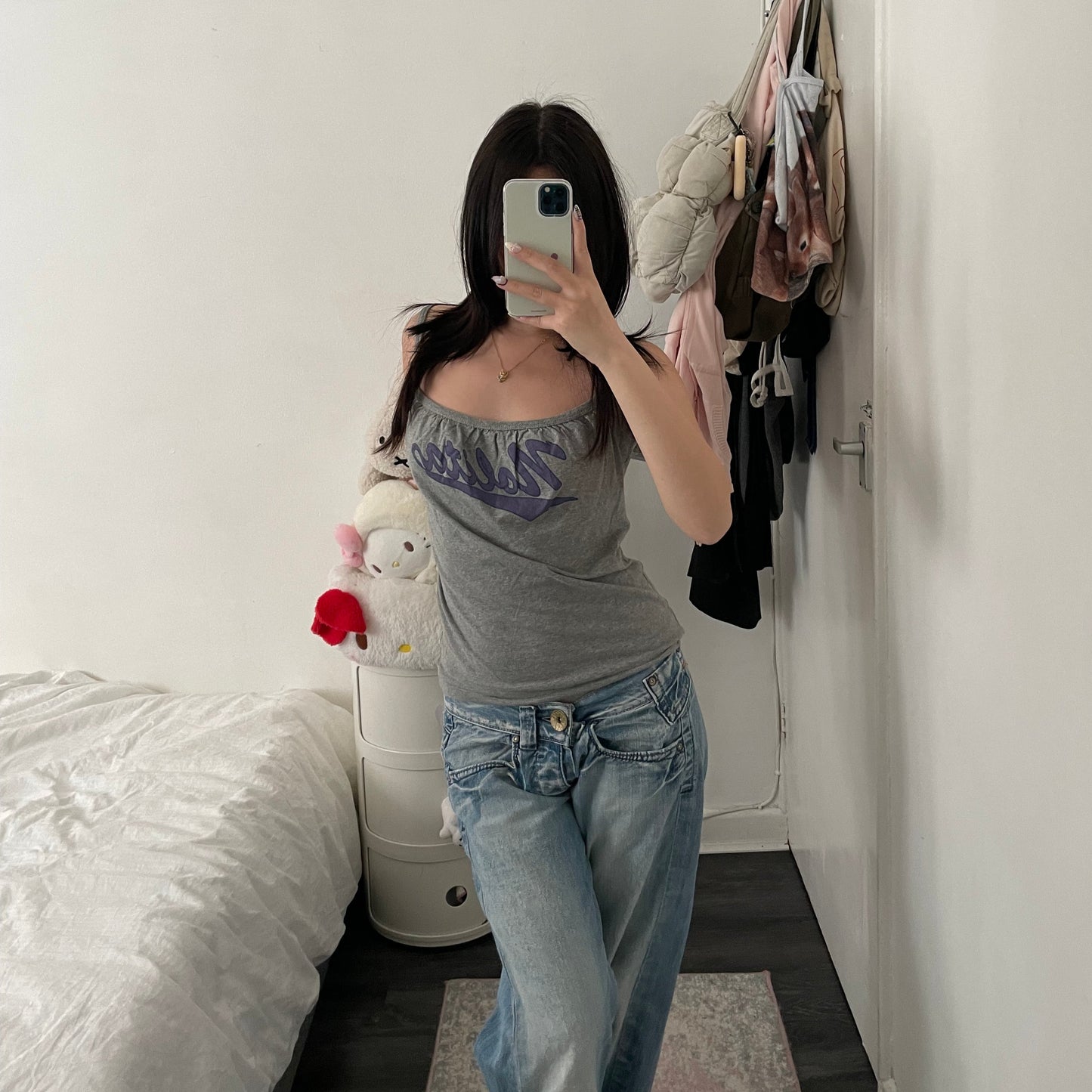 vintage sporty grey silk cotton nolita purple text tank top