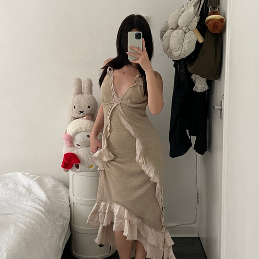 vintage zone bleue beige ivory eurosummer utility fine knit ruffle flared maxi dress