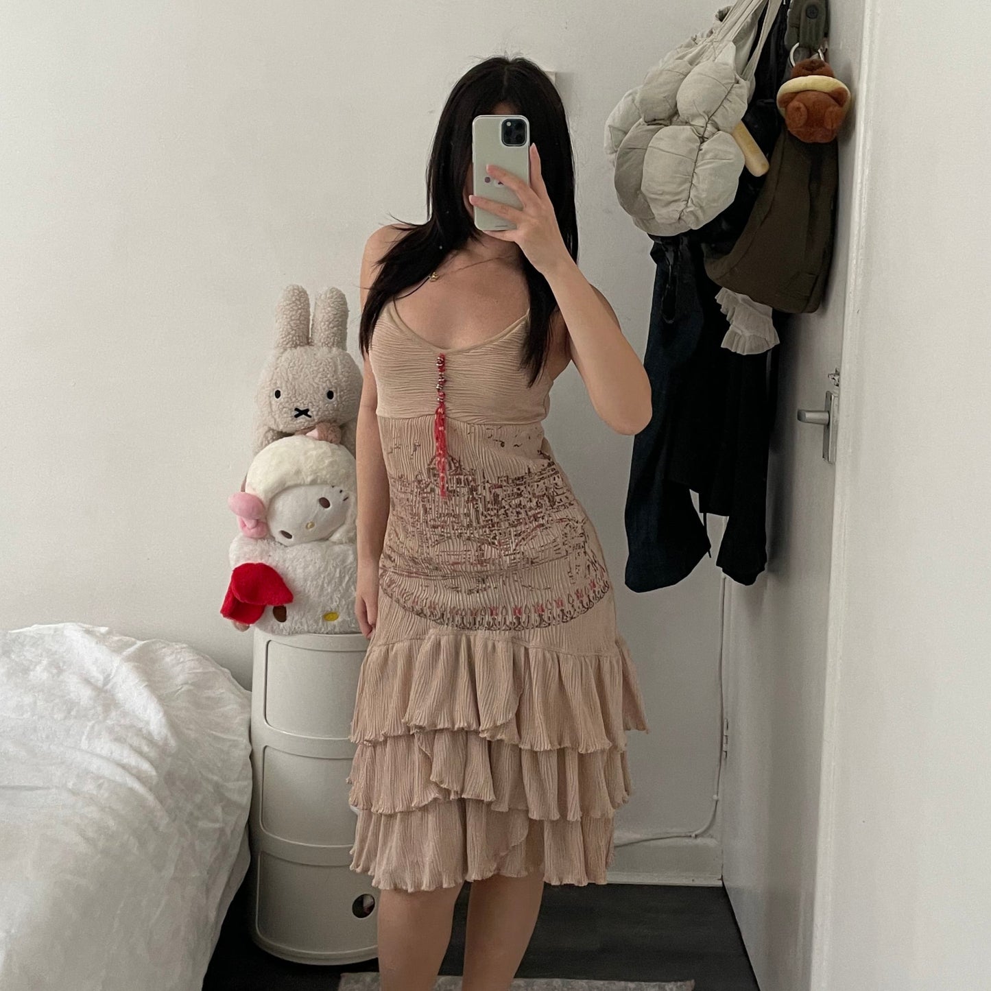 save the queen beige boho western print pink accent ruffle hem midi dress