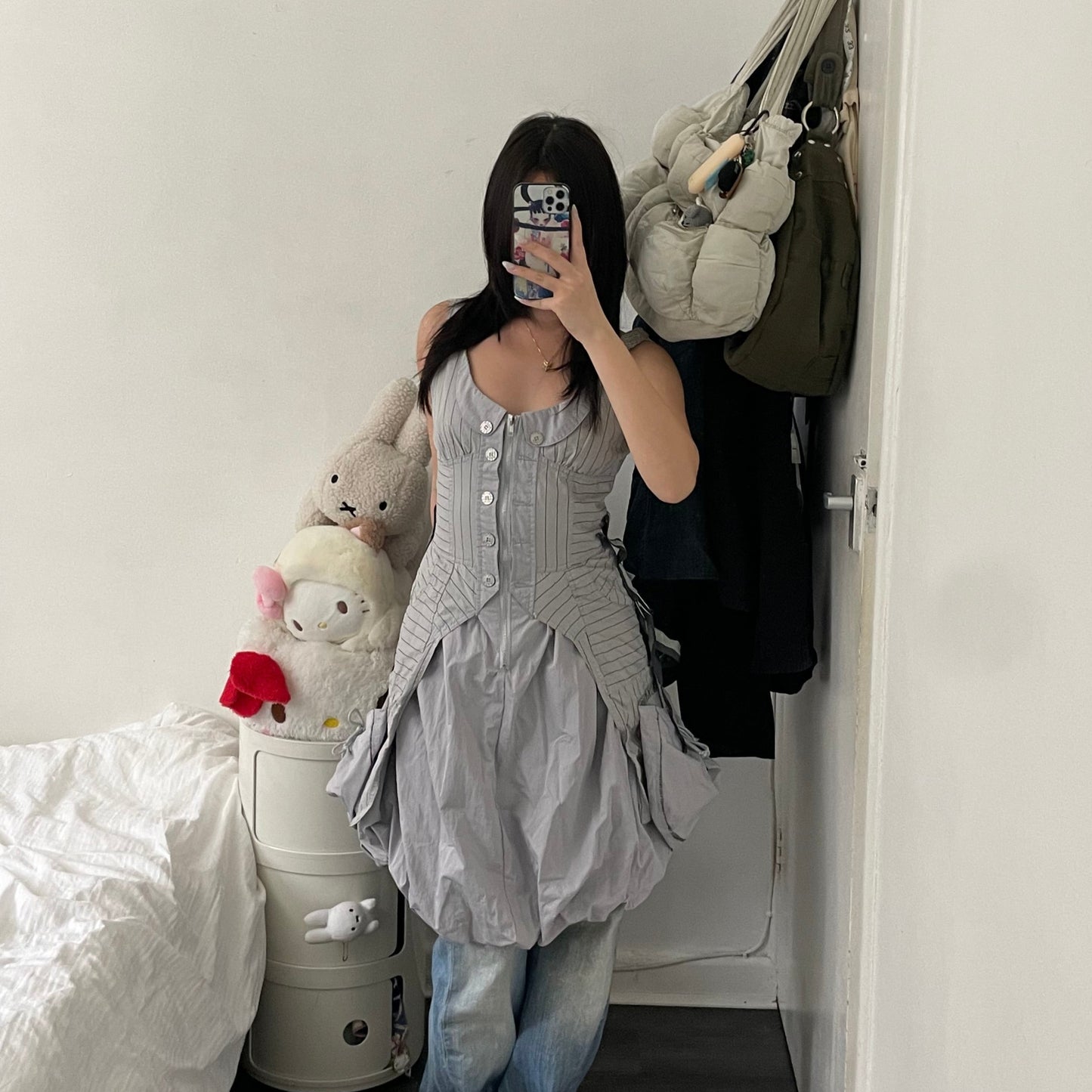 fq2 archival grey bubble hem utility pocket zip striped midi dress