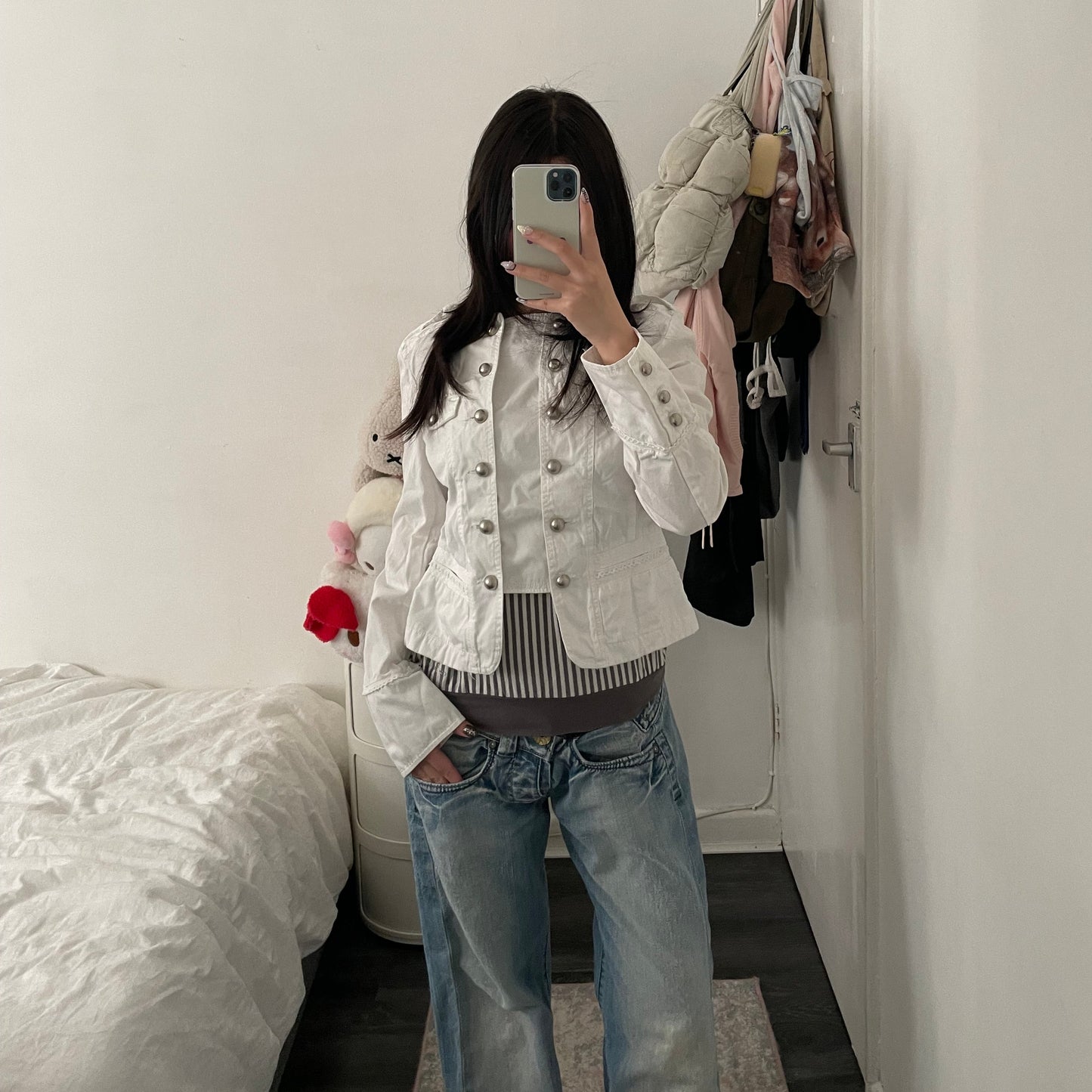 my collection white corpcore military style dual button picot lace jacket