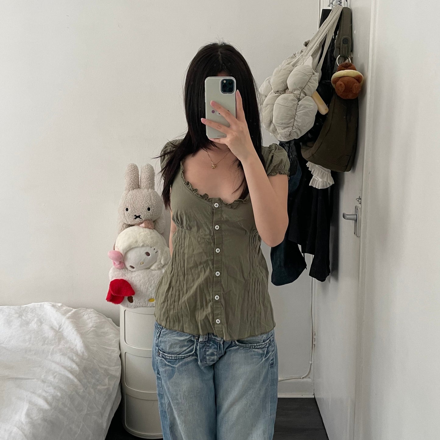 denny rose khaki mori kei puff sleeve adjustable waist ribbon blouson