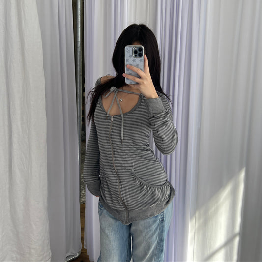 Killah Grey Striped Hooded Long Sleeve Zip Jersey Hoodie Tunic