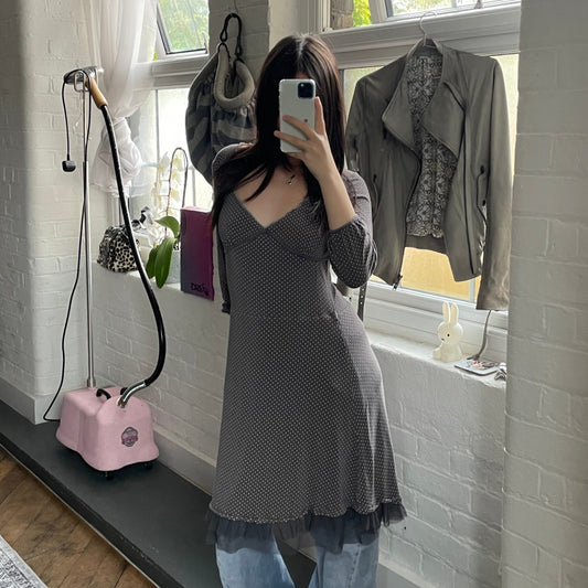 vive maria dusy purple milkmaid polka dot 3/4 sleeve fitted midi dress