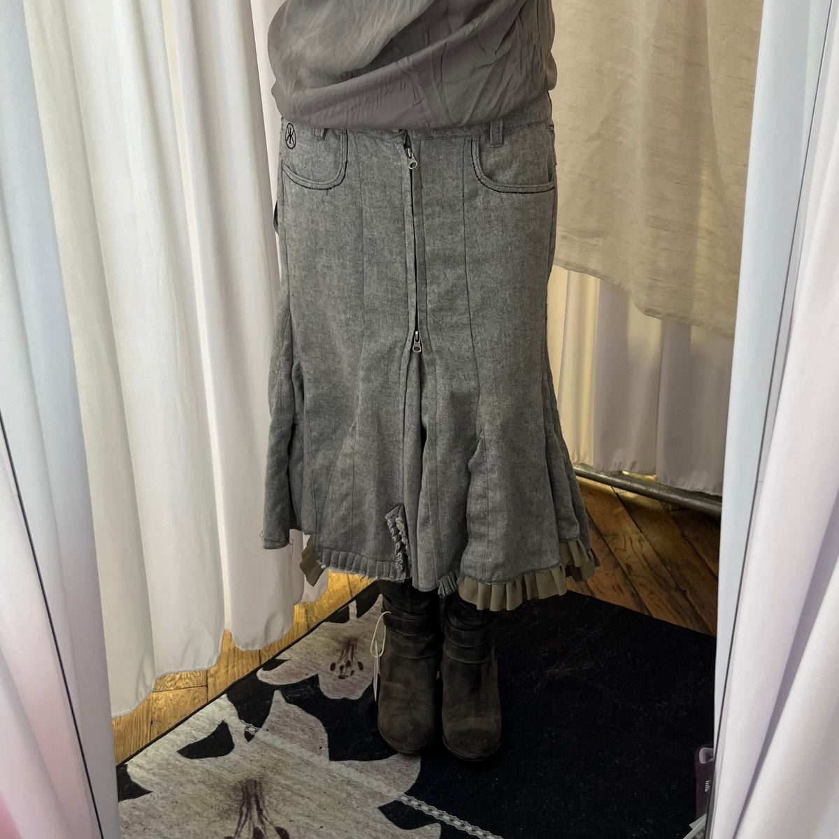 DDP Grey Khaki Ruffle Flared Mermaid Hem Midi Skirt