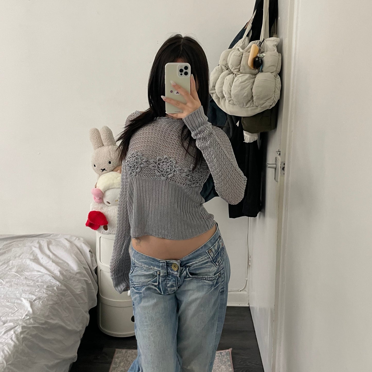 boho eurosummer et compagnie grey blue long sleeve floral crochet knit top