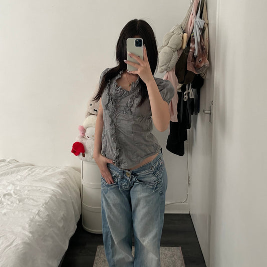 vintage corpcore grey puff sleeve asymmetric ruffle blouse