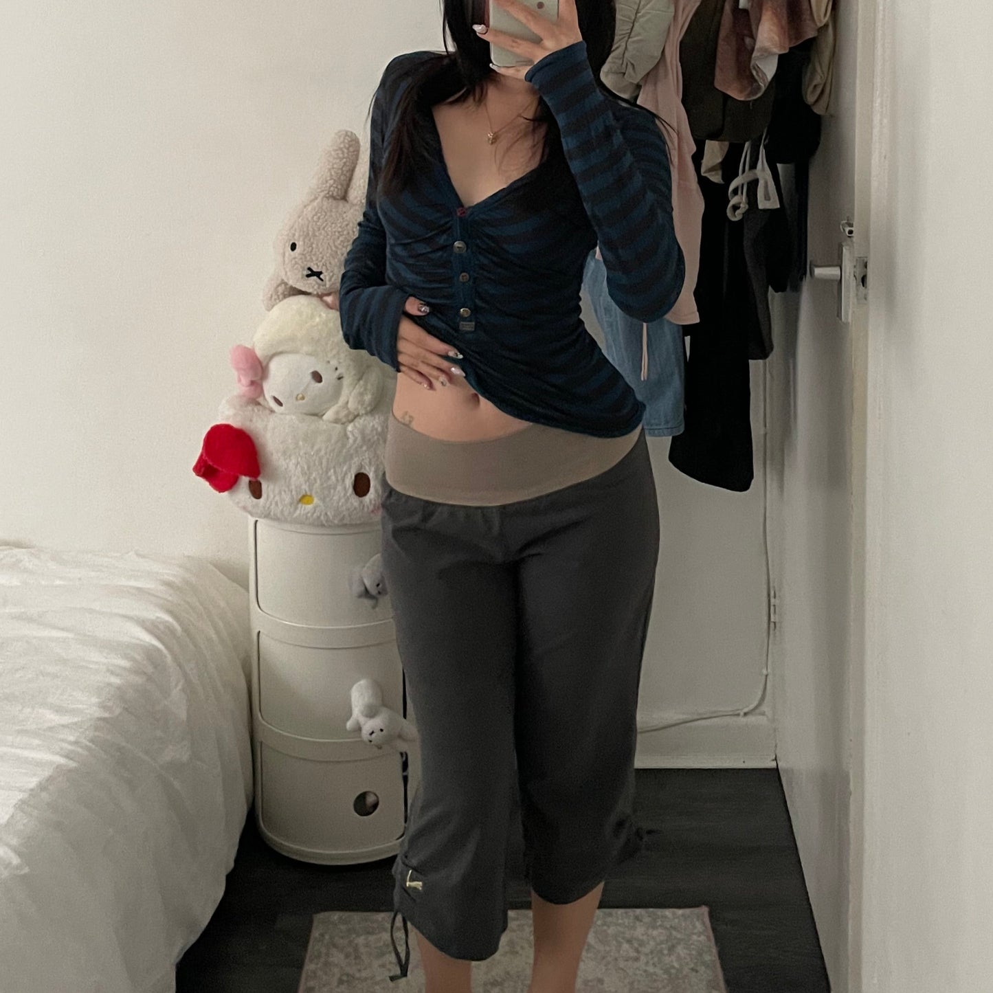 grey beige puma drawstring ruched hem capri track pants
