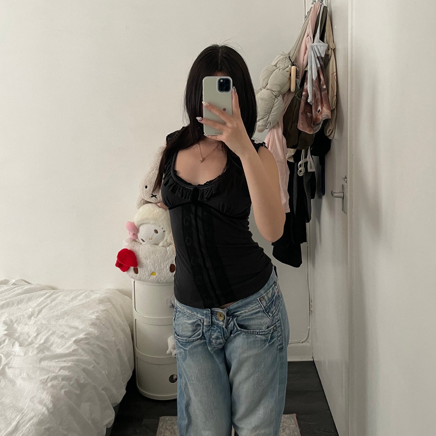 black grey ruffle coquette lacey xanaka frilly camisole top