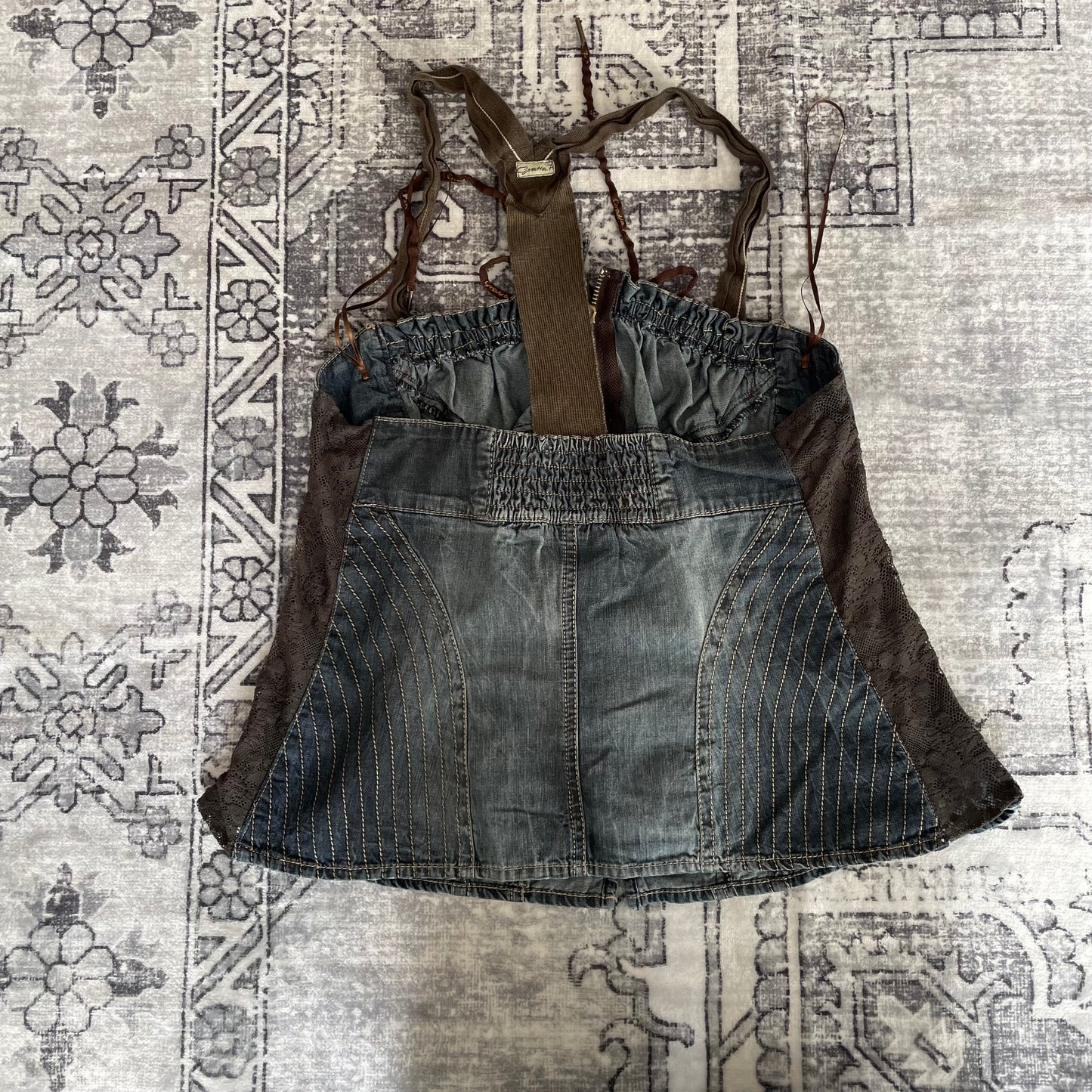 mariagrazia panizzi 西部波西米亚风蓝色牛仔布棕色蕾丝褶皱紧身胸衣紧身胸衣