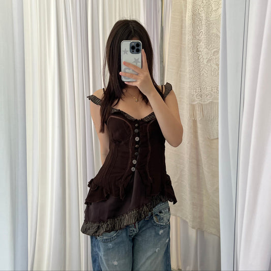 Rinascimento Brown Asymmetric Layered Striped Mix Button Camisole